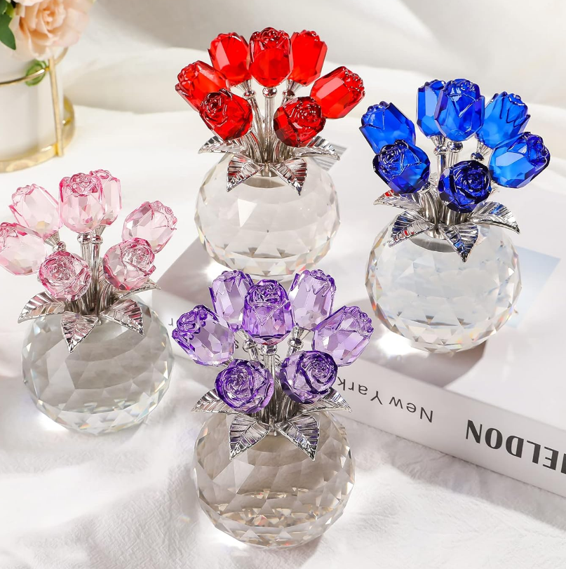 Crystal Rose Figurine Gift – Pink Crystal Roses Ornament - Image 3