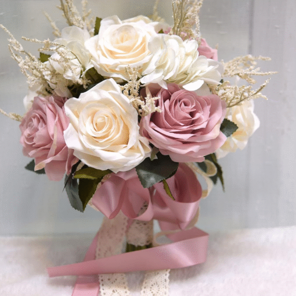 Artificial Roses Champagne White Silk Flowers with Decorative Ribbon