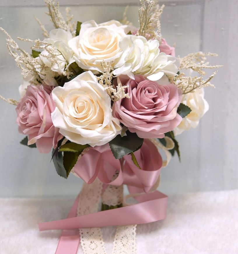 Artificial Roses Champagne White Silk Flowers with Decorative Ribbon