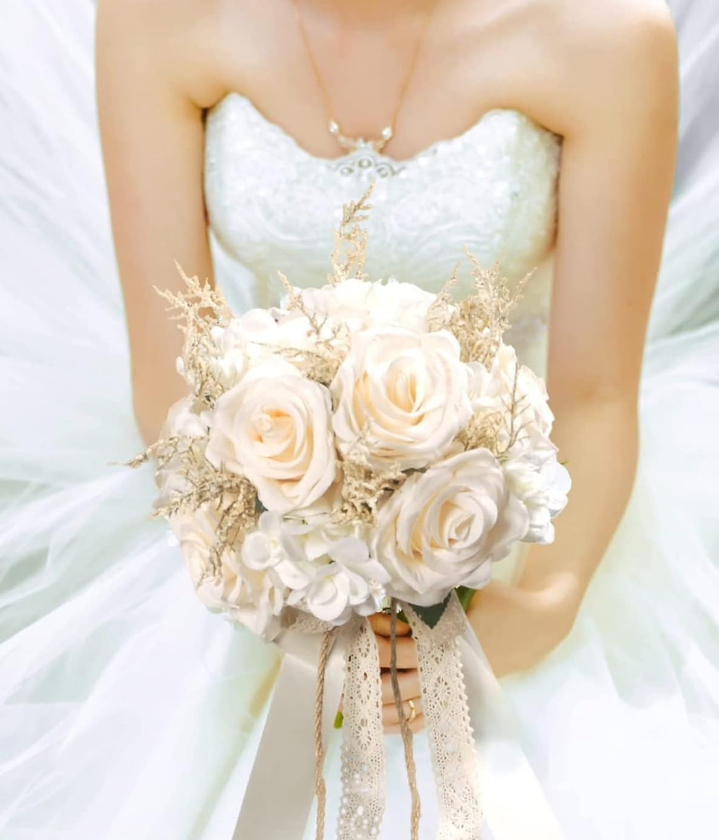 Artificial Roses Champagne White Silk Flowers with Decorative Ribbon - Image 4