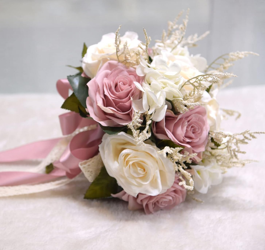 Artificial Roses Champagne White Silk Flowers with Decorative Ribbon - Image 2